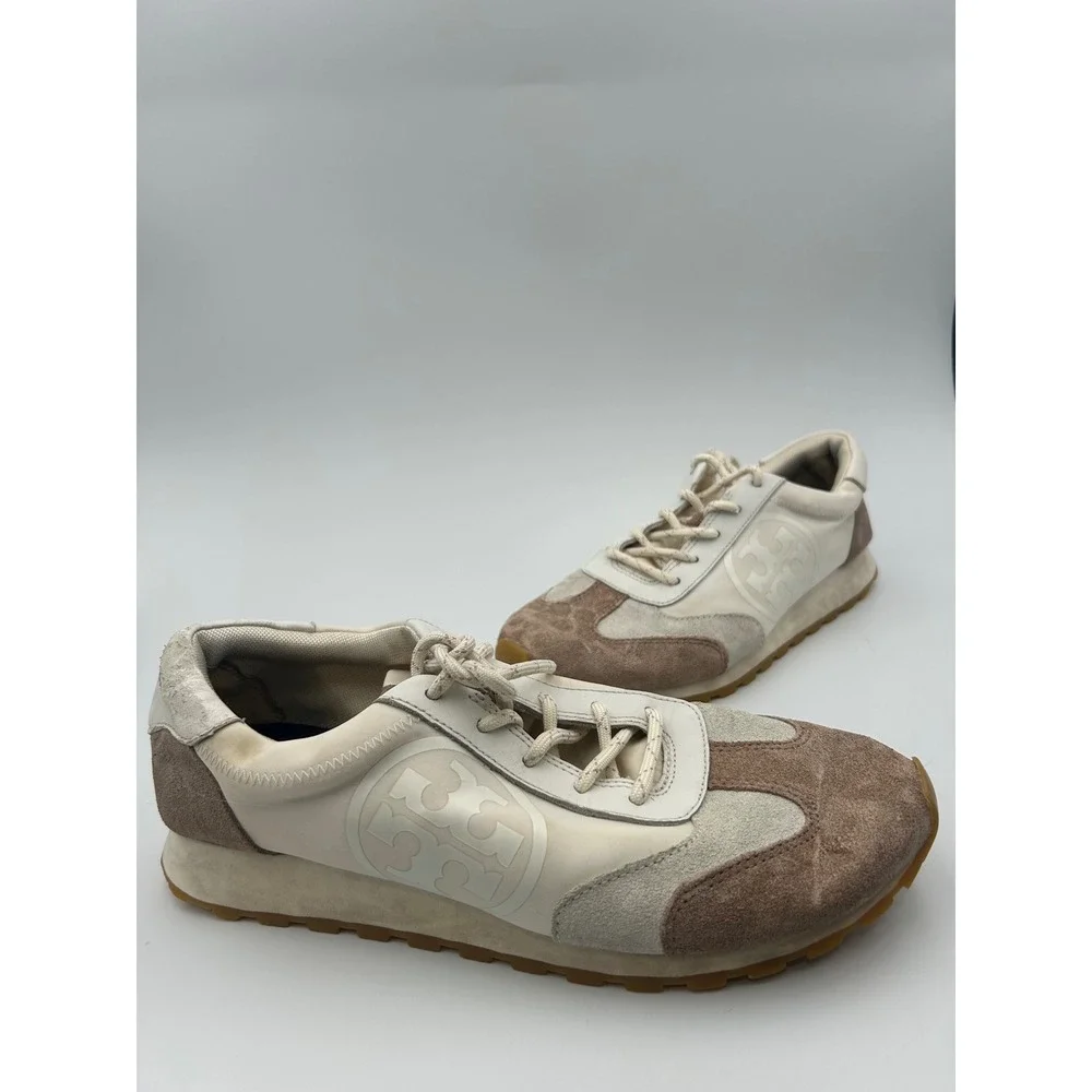 Tory Burch Bubble Sneakers Cream Brown Leather Textile Logo Low Top 8M 8913